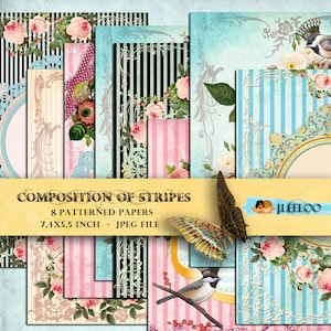 COMPOSITION de 8 RAYURES carte postale collage numérique feuille de papiers oiseau fleur texture doublé scrapbooking jpg téléchargement immédiat pp124
