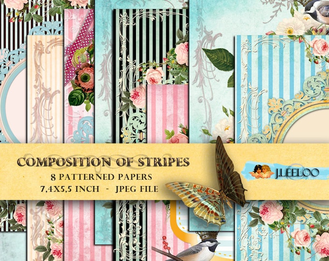 COMPOSITION of STRIPES 8 postcard Digital collage sheet papers bird flower texture lined scrapbooking jpg instant download pp124