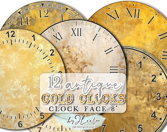 ANTIQUE GOLD Clock 8 inch circle printable clock face grunge making | clock watch vintage home decor DIY project paper crafting | tn679