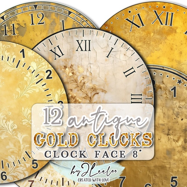 ANTIQUE GOLD Clock 8 inch circle printable clock face grunge making | clock watch vintage home decor DIY project paper crafting | tn679