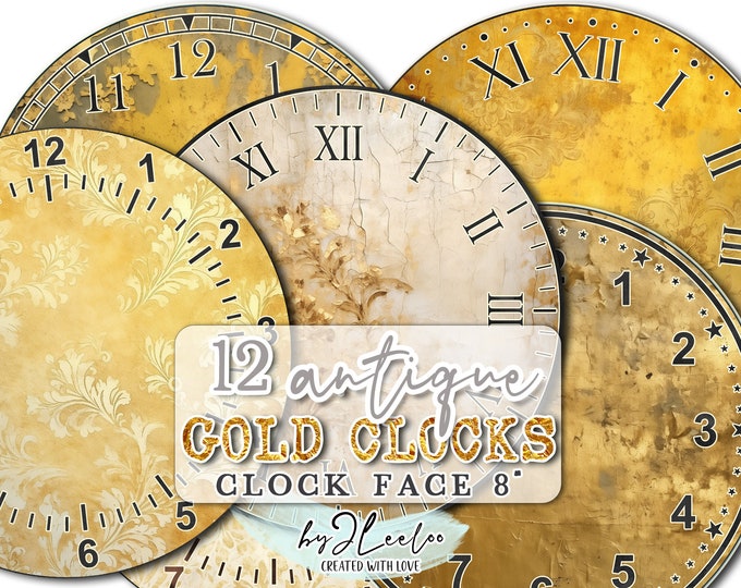 ANTIQUE GOLD Clock 8 inch circle printable clock face grunge making | clock watch vintage home decor DIY project paper crafting | tn679