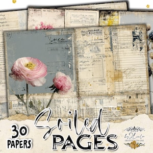 Peut inclure: Un ensemble de 30 papiers de style vintage avec un aspect vieilli. Les papiers présentent des illustrations florales et botaniques, des documents anciens et du texte manuscrit. La palette de couleurs comprend des roses, des bleus et des crèmes doux.