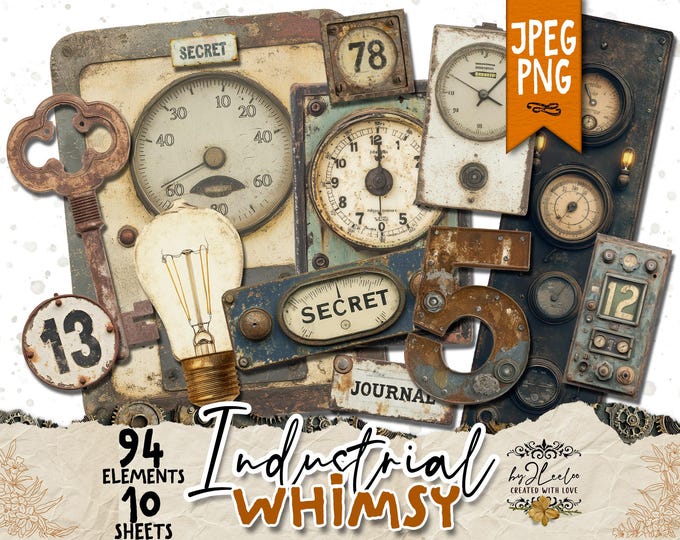 INDUSTRIAL WHIMSY 92 PNG Steampunk Snippets & Mechanical Elements | Junk Journal masculine fussy cut | Distressed rustic Scrapbook | pp901