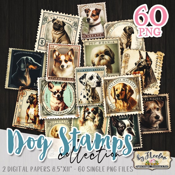 Fake DOG STAMPS postage Png printable | Junk Journal cute puppies supplies | Pets vintage ephemera fussy cuts scrapbook Download  | cl142