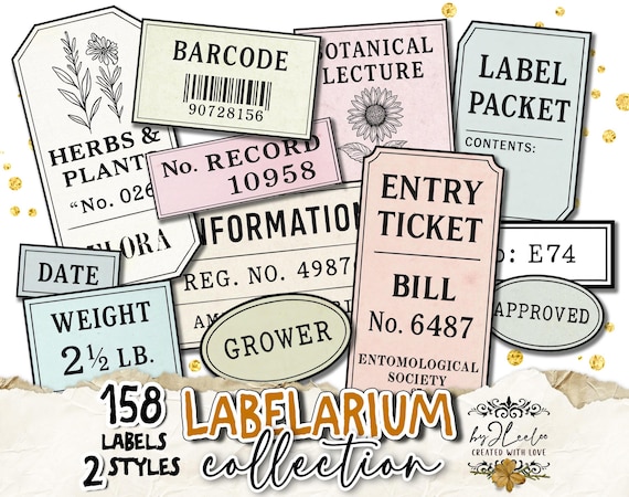 LABELARIUM | Save-Ink Printable Vintage Labels in Pastel colors Black & White • 158 tags for Junk Journal Collage Scrapbooking | tl335