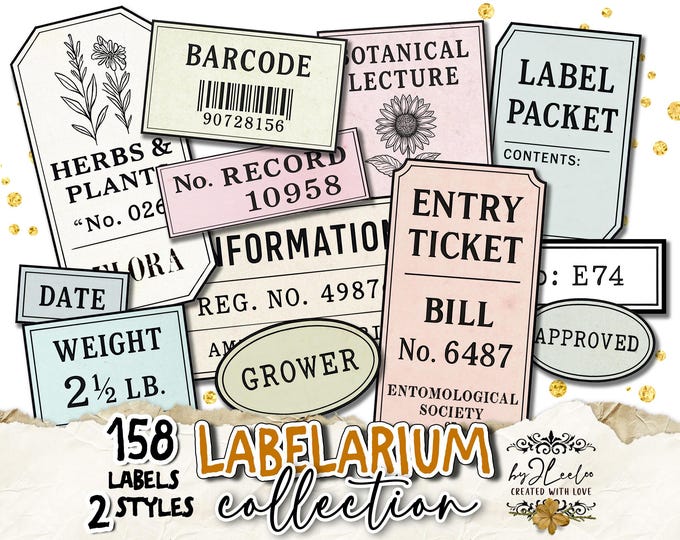 LABELARIUM | Save-Ink Printable Vintage Labels in Pastel colors Black & White • 158 tags for Junk Journal Collage Scrapbooking | tl335