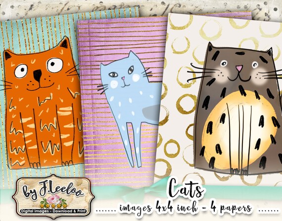 CATS 4x4 inch hand drawn coaster digital paper square large scrapbook magnet instant download printable image qu518