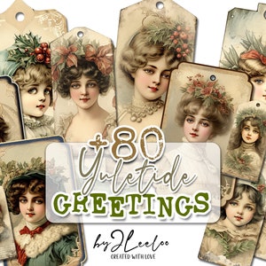 YULETIDE GREETINGS labels printable Christmas supplies | tags vintage ephemera junk journal | Holidays images digital collage sheet | tl266