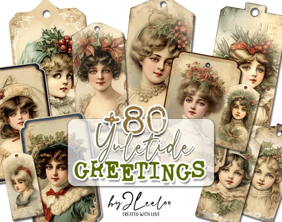 YULETIDE GREETINGS labels printable Christmas supplies | tags vintage ephemera junk journal | Holidays images digital collage sheet | tl266