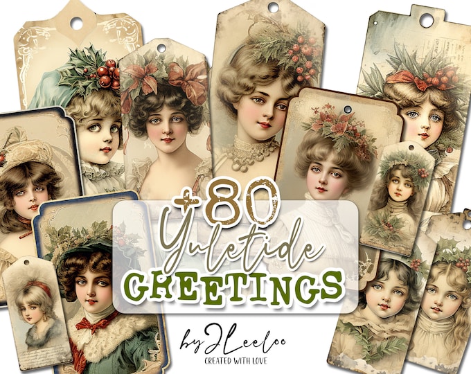 YULETIDE GREETINGS labels printable Christmas supplies | tags vintage ephemera junk journal | Holidays images digital collage sheet | tl266