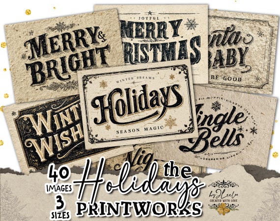 the HOLIDAY PRINTWORKS – Vintage Christmas Letterpress Signs and Typographic Labels Collection for Junk Journals & Holiday Crafts | tl306