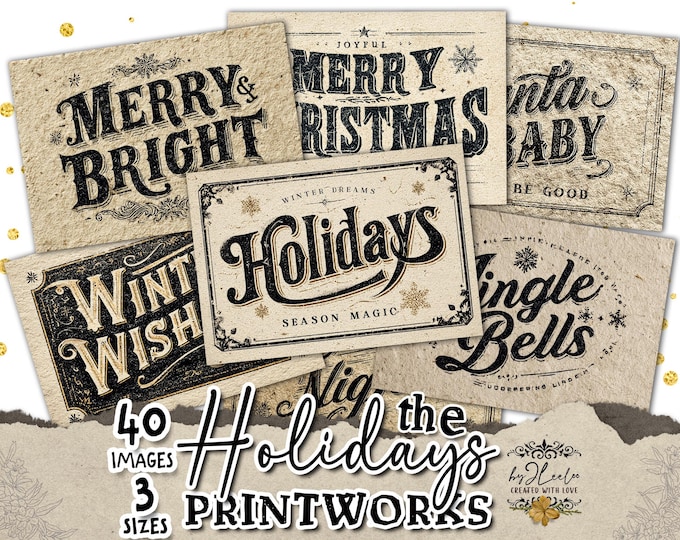the HOLIDAY PRINTWORKS – Vintage Christmas Letterpress Signs and Typographic Labels Collection for Junk Journals & Holiday Crafts | tl306