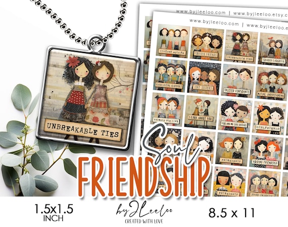 SOUL FRIENDSHIP 1.5x1.5 inch printable illustration | supplies square pendant, charm, gift for friend girlfriend, magnet, altered art |qu581