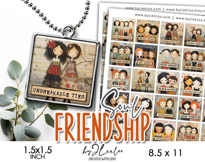 SOUL FRIENDSHIP 1.5x1.5 inch printable illustration | supplies square pendant, charm, gift for friend girlfriend, magnet, altered art |qu581