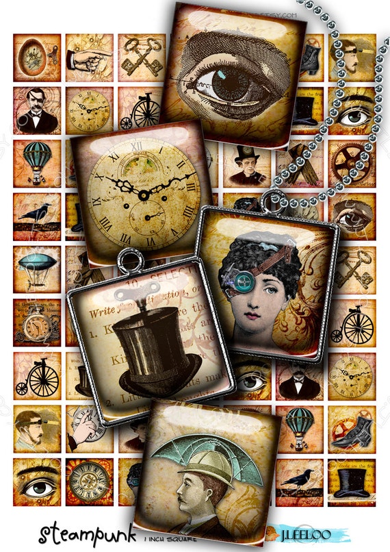 Digital download STEAMPUNK 1x1 inch square steampunk top hat hang tags sticker jewelry holder mirror instant download printable qu354