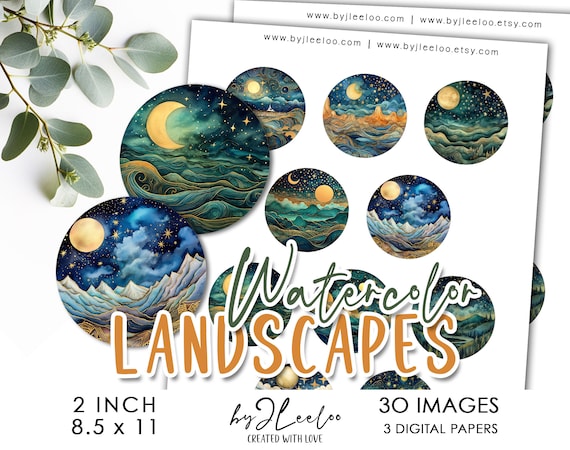 WATERCOLOR LANDSCAPE 2 inch starry circle printable | bottle cap sticker pendant pin badge magnet mirror | graphic digital collage | tn724