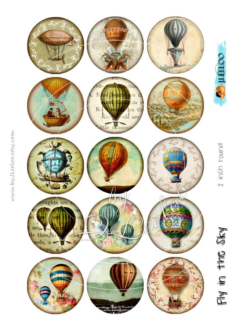 Digital collages FLY in the SKY 2 inch circle hot air balloon montgolfier for pendant magnet craft instant download print paper tn520