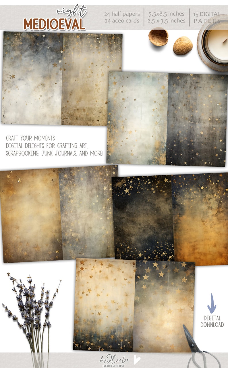 MEDIEVAL NIGHT Half Pages Starry Sky Printable | Junk Journal Mixed ...
