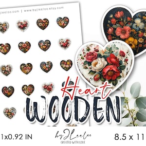 HOUTEN HART 1 x 0,92 inch fussy cut afdrukbaar | Valentijn clipartbenodigdheden voor labels, dagboek, scrapbooking, sticker Cottagecore | tn758