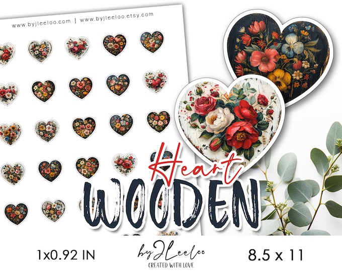 WOODEN HEART 1x0.92 inches Fussy Cut printable | Valentine clipart supplies for labels, journal, scrapobooking, sticker Cottagecore | tn758