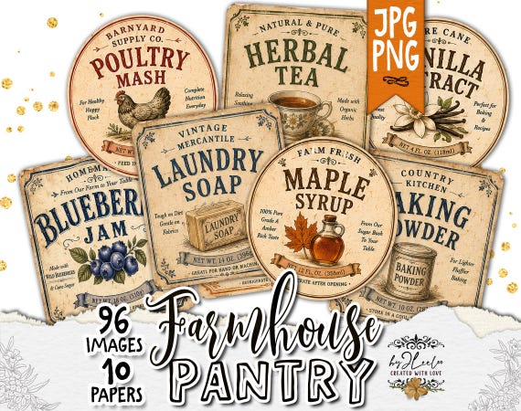FARMHOUSE PANTRY Vintage Farm Labels, Country Store Ephemera, Oval and Rectangle Printable Labels, PNG & Jpg Set | tn856
