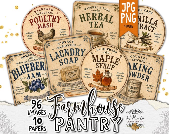 FARMHOUSE PANTRY Vintage Farm Labels, Country Store Ephemera, Oval and Rectangle Printable Labels, PNG & Jpg Set | tn856