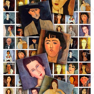 Feuille de collage numérique HOMMAGE MODIGLIANI 1 x 1 pouce carré peinture pour pendentifs étiquettes volantes clipart aimant Téléchargement instantané impression qu261