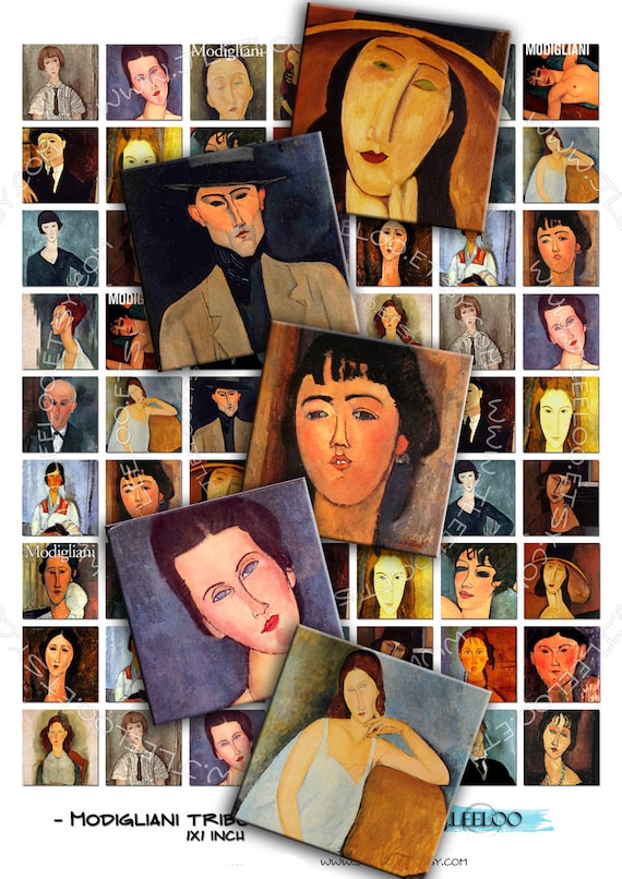 Digital collage sheet MODIGLIANI TRIBUTE 1x1 inch square painting for pendants hang tags clipart magnet instant download print qu261
