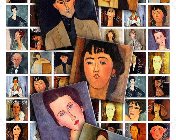 Digital collage sheet MODIGLIANI TRIBUTE 1x1 inch square painting for pendants hang tags clipart magnet instant download print qu261