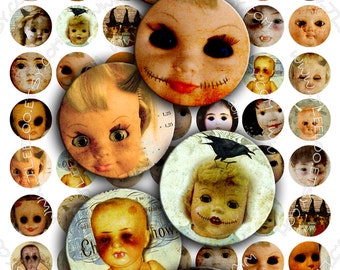 May include: A set of 25 round, 1 inch diameter, creepy doll face stickers. The stickers feature various dolls with different expressions, including smiling, frowning, and staring. Some dolls have stitches around their mouths, and some have missing teeth. The stickers are perfect for adding a spooky touch to any project.
