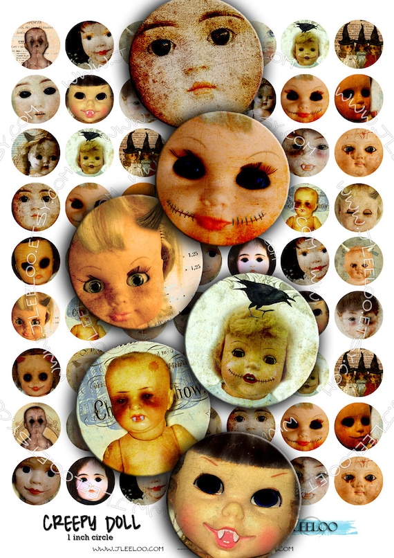 Digital paper CREEPY DOLL 1 inch circle scary horror halloween pendants magnet stickers pendant craft instant download printable tn178