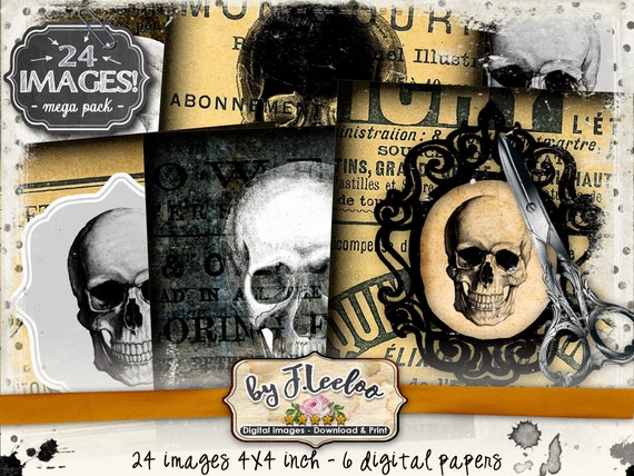 GOTHIC SKULLS 4x4 inch square printable for coaster jewelry holder hang tags invitations party instant download digital collage sheet- qu530