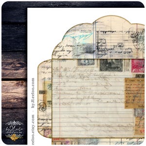 May include: A vintage-style paper envelope with a scalloped top edge. The envelope is covered in faded handwriting, stamps, and aged paper textures. The design includes the text "byJLeeoo.etsy.com".