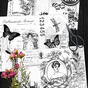 COLLAGE PAPERS Ink Saver Black White Ephemera Printable Junk Journal ...