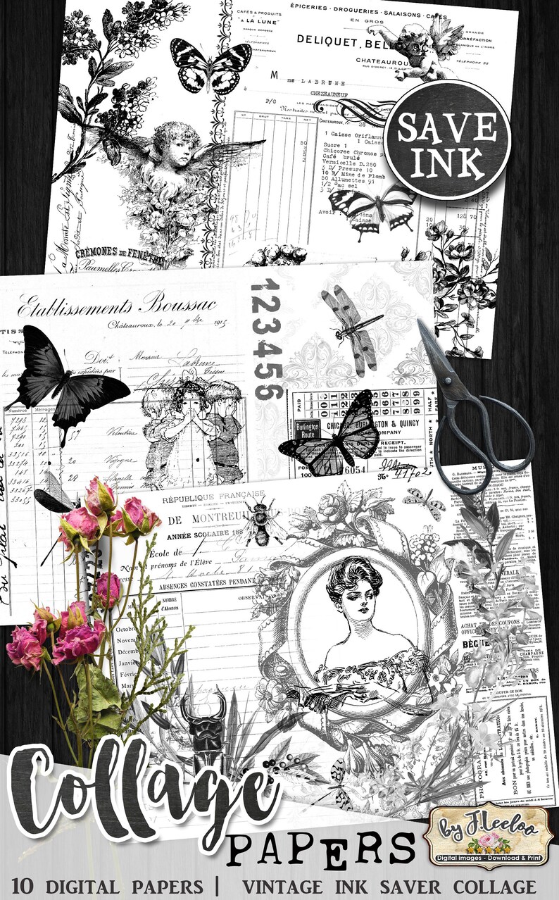COLLAGE PAPERS Ink Saver Black White Ephemera Printable Junk Journal ...