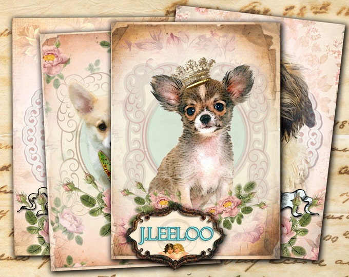 ADORABLE FRIENDS printable atc  Digital collage sheet invitation diary art card scrap puppies vintage photo background ac276