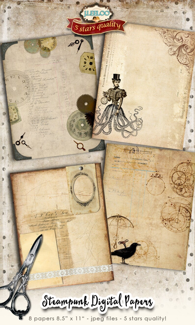 STEAMPUNK digital papers scrapbook journal art bookmaking pages Background stationery embellishment craft instant download print pp417 image 2