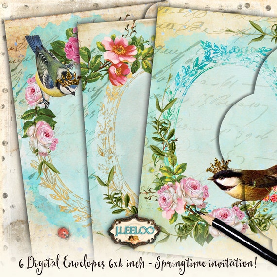 VICTORIAN ENVELOPES  easter invite greetings envelopes bird rose Digital collage sheet scrap vintage instant download printable pp374