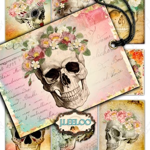 DIA De LOS MUERTOS printable gift cards Digital collage sheet day of the dead labels skull bones hang tag instant downloads ac274