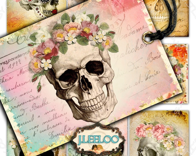 DIA De LOS MUERTOS printable gift cards Digital collage sheet day of the dead labels skull bones hang tag instant downloads ac274