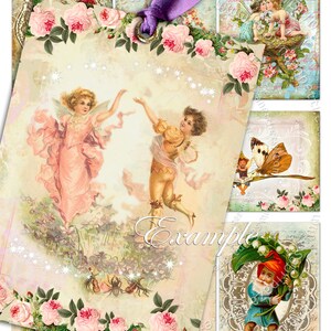 May include: A digital collage sheet featuring fairies and elves. The sheet includes images of fairies dancing, a butterfly, a gnome holding lilies, and a floral border. The sheet is ideal for scrapbooking, card making, and other craft projects.