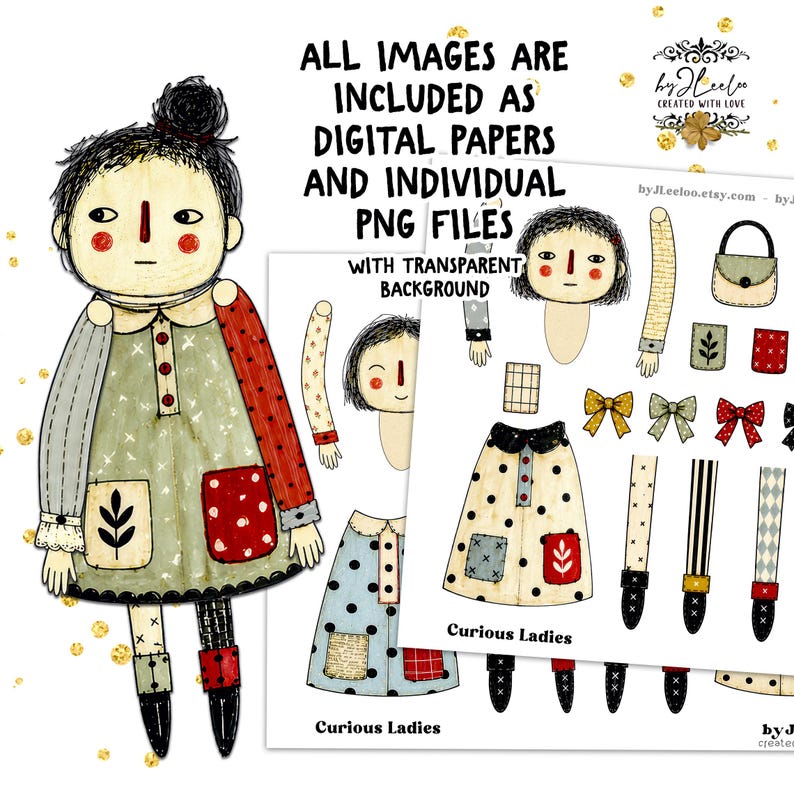 Puede incluir: Papeles digitales y archivos PNG con un dise&ntilde;o de mu&ntilde;eca caprichoso. La mu&ntilde;eca tiene un vestido verde con detalles en rojo y negro. La imagen incluye el texto "Curious Ladies" y "All images are included as digital papers and individual PNG files with transparent background."
