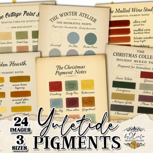 以下が含まれることがあります： さまざまなカラーパレットを備えた、ヴィンテージスタイルの顔料ノートのコレクション。画像には、「The Cottage Paint Studio」や「The Christmas Collection」などの色見本と名前が記載されたカードが表示されています。「Yuletide Pigments」というテキストが大きく表示されています。