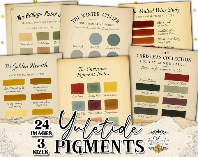 YULETIDE PIGMENTS – Vintage Christmas Color Charts, Retro Paint Swatches, Holiday Palette Printable Ephemera Junk Journal Set | ppK04