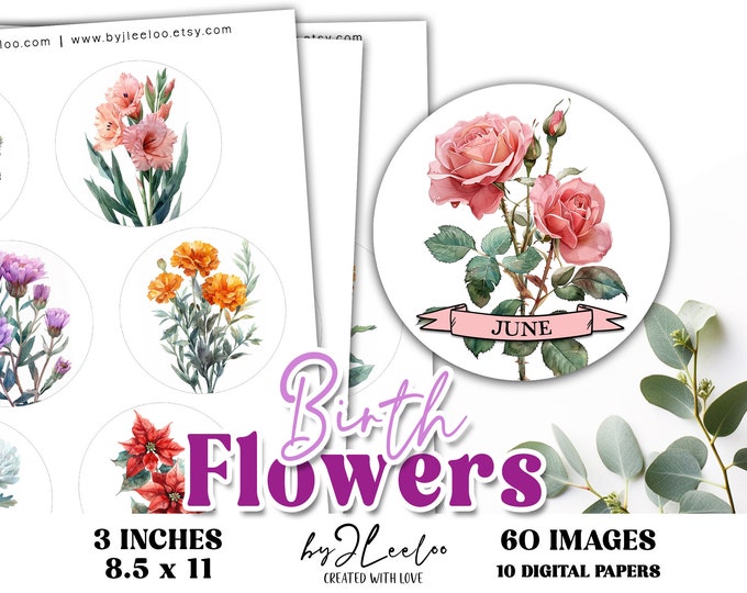BIRTH FLOWERS 3 inch printable round | Circle pendant cabochon necklace sticker Birth Month Flower | Fussy cut digital download | tn813