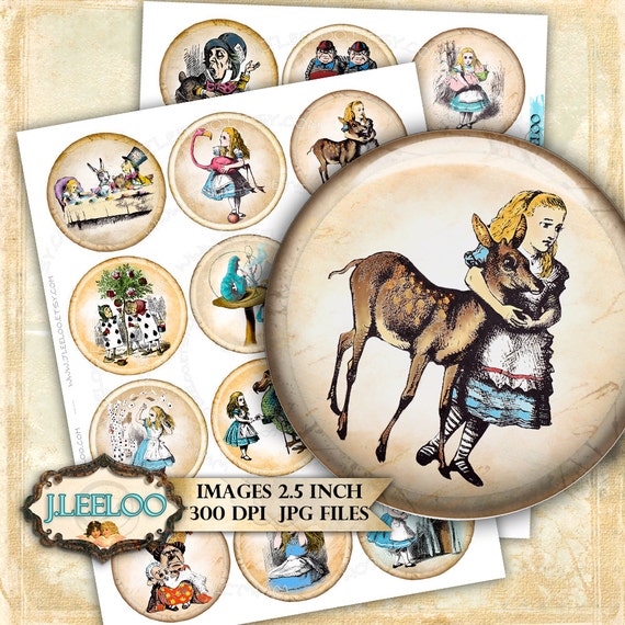 Digital printable VINTAGE ALICE 2.5 inch circle sheets digital images paper goods chic vintage pendant craft instant download tn415