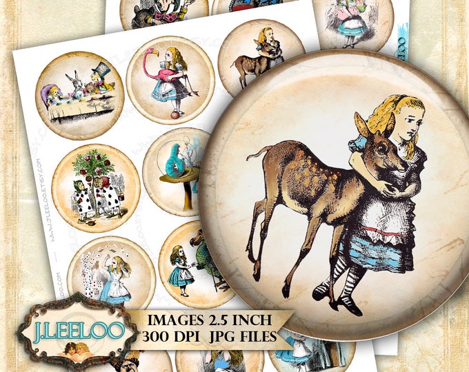 Digital printable VINTAGE ALICE 2.5 inch circle sheets digital images paper goods chic vintage pendant craft instant download tn415