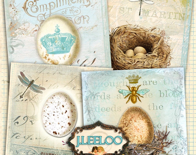 Digital print EASTER s SONG 4x4 inch hang tag nest royal bee french egg images coaster magnet instant download printable image qu414