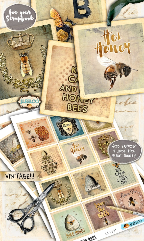 SAVE THE BEES 2.5 inch square vintage royal bee mirrors hang tags clipart magnet scrapbooking dot instant download printable qu511