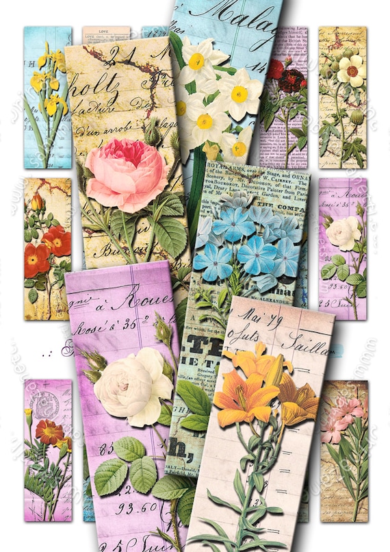 FAIRY GARDEN printable 2x1 inch domino flower vintage Digital collage sheet newspaper instant download background victorian do120
